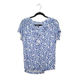 Chaps Blue & White Fruit Print Ruffle Blouse